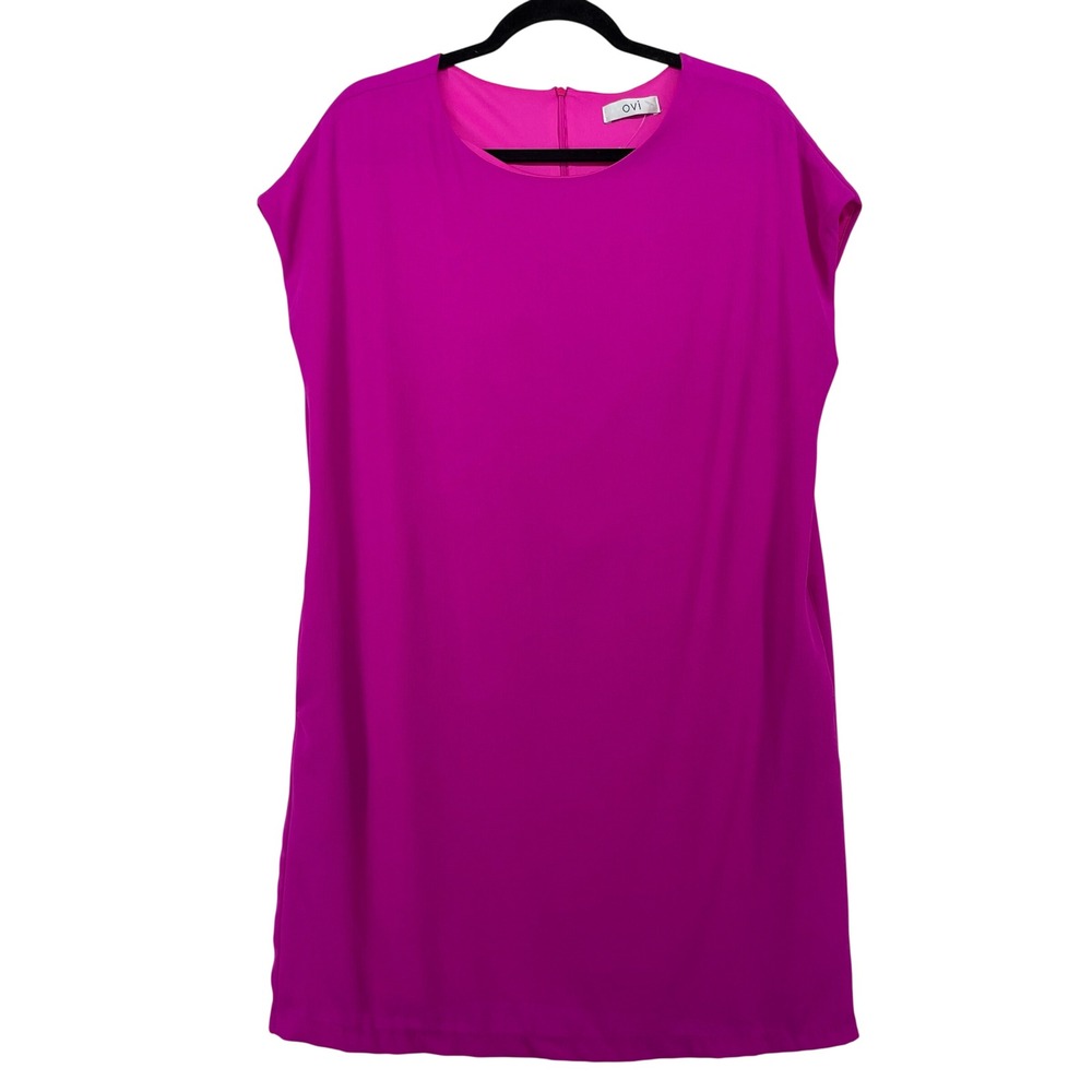 Ovi Size Large Shift Mini Dress Magenta Pink Cap Sleeve Pockets Vibrant Womens